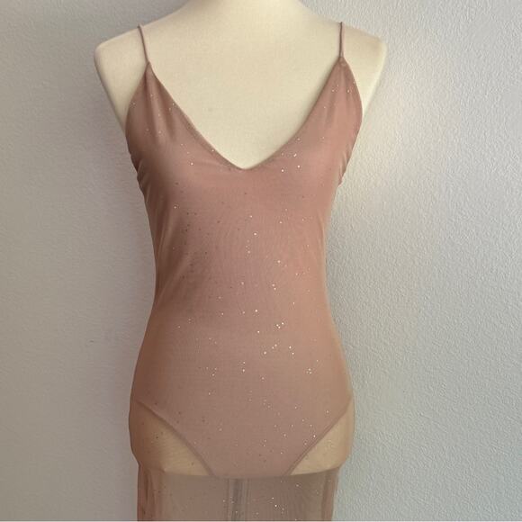 Sheer Nude Mesh Rhinestone MIDI Dress with attached Bodysuit size small - Picture 6 of 9